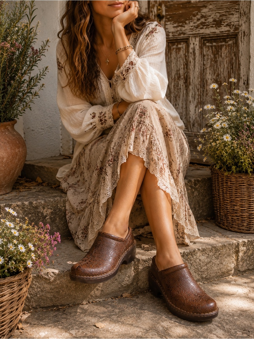BOC Born Brown Embossed Floral Comfort Clogs Mules Women’s Size 10M Slip On